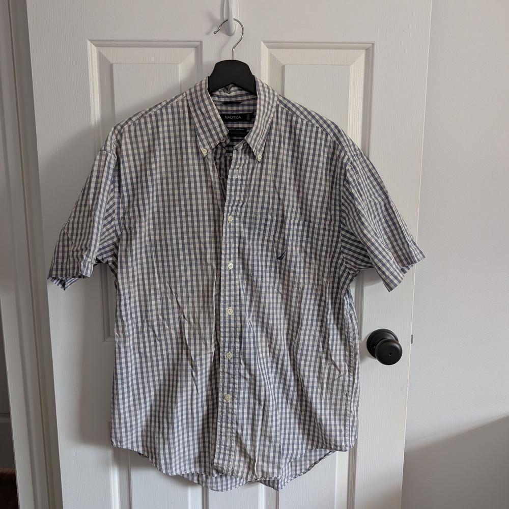 Nautica Men's Short Sleeve Button Down Gingham Shirt  Blue/White/Yellow Size L